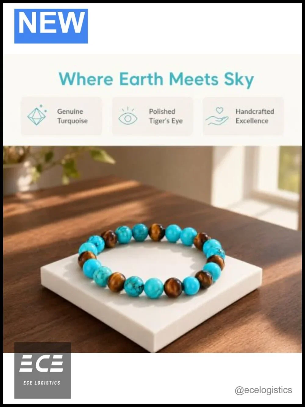 Natural Turquoise Tiger's Eye Beaded Stretch Bracelet Gift for Women